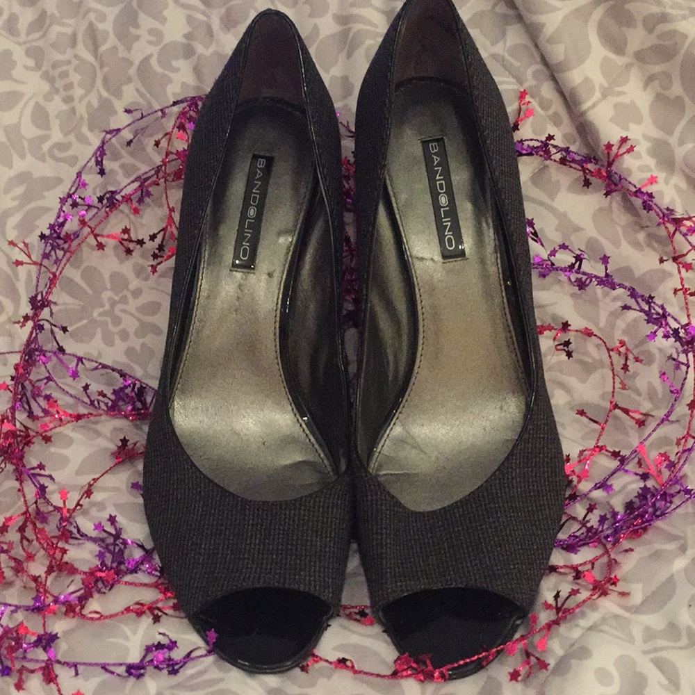 Black and grey open toed heels
